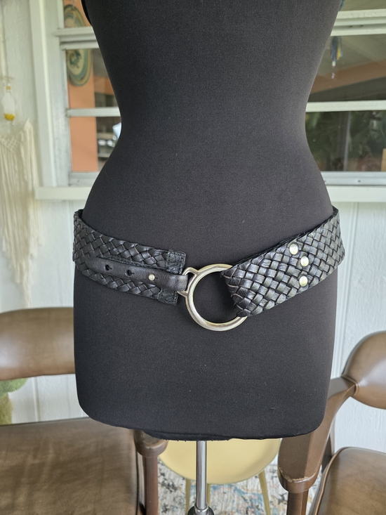 Vintage Y2K Braided Black Woven Leather Belt Silver Ring Buckle Festival Vibes main image 8